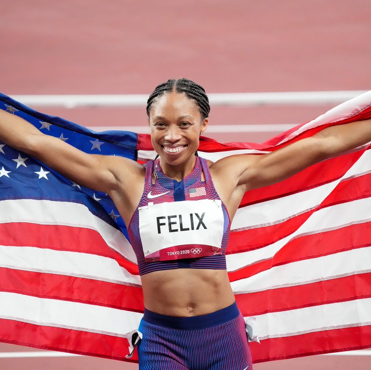 usatf's tweet photo. We’ll take 🐐 for $1000 please.

Winning her 11th Olympic medal tonight @allysonfelix now stands alone as the most decorated American track and field athlete in history. 

#TeamUSATF #TokyoOlympics #JourneyToGold https://t.co/2Ey6GOxqmS