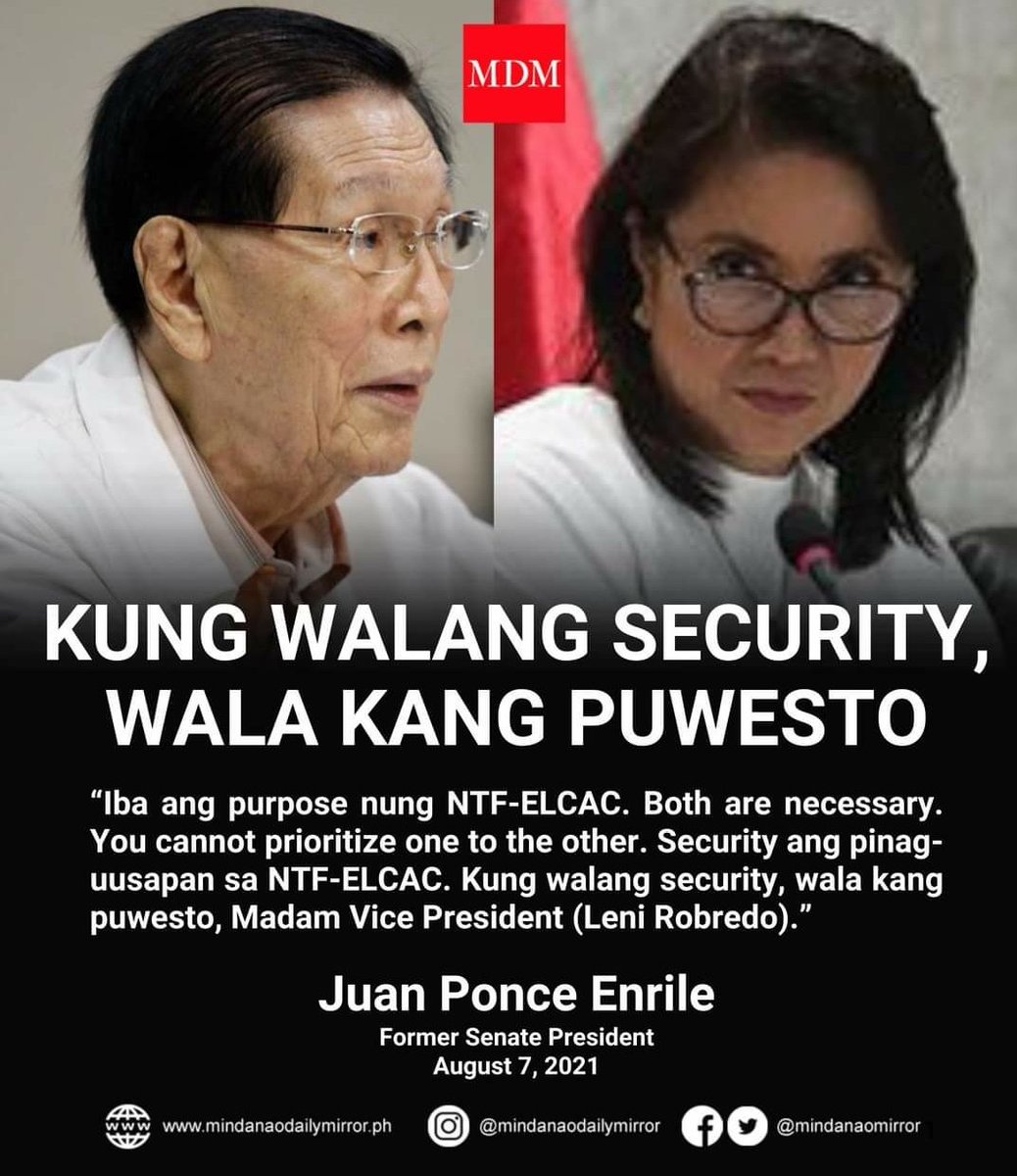 MamaPiaya's tweet photo. Former Sen Pres Juan Ponce Enrile disagrees w/ VP Leni Robredo’s call to suspend the release of the P19B fund of the NTF-ELCAC while the country is still recovering from the COVID-19 pandemic. “Ipagpaliban muna natin ito at tiyakin na walang Pilipinong magugutom,” said Robredo. https://t.co/t3JFfLJIHq
