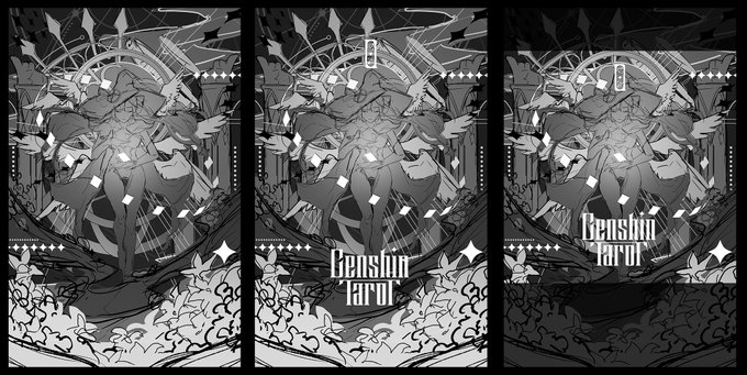 Here's a peek at some sketches for the @GenshinTarot box art 