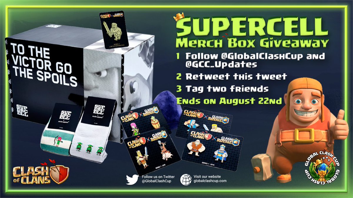 🎁Supercell Merch Box Giveaway!

🎉<a href="/supercell/">Supercell</a> &amp; <a href="/ClashofClans/">Clash of Clans</a> are giving away one Merch Box for the 9th anniversary of our favorite game!

👉Follow <a href="/GlobalClashCup/">Global Clash Cup</a> &amp; @GCC_Updates 
👉Retweet this tweet
👉Tag two friends

☘️Winner will be picked on the 17th August!

#GCCOP