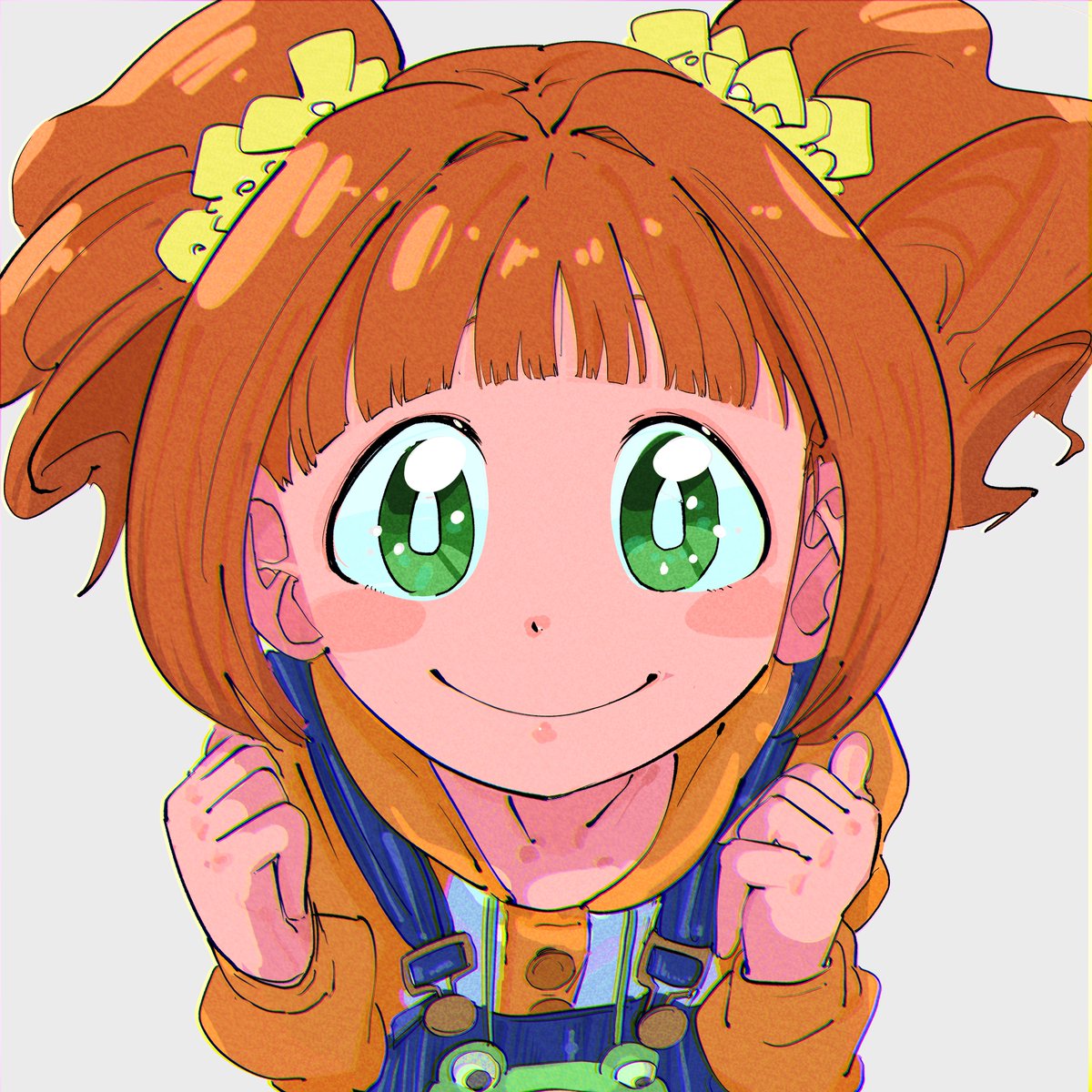 takatsuki yayoi 1girl solo twintails green eyes smile overalls looking at viewer  illustration images
