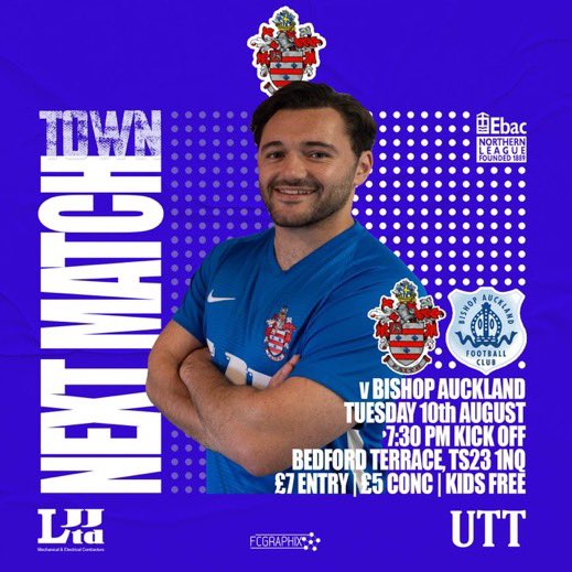 BillinghamTown's tweet photo. We return to @theofficialnl action this coming Tuesday with a home game against @bishopafc 

Gates open from 6pm

UTT! 🔵⚪️

@LJJltd https://t.co/3cbRpHoDQ6