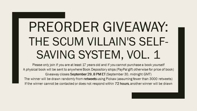 moomoomooncake's tweet photo. Giveaway: Scum Villain's Self-Saving System, Vol. 1 

Prize
🎁1 physical copy wherever Book Depository delivers OR
🧧1 PayPal gift for price of book if winner lives elsewhere

Retweet 9/29, 8 PM ET if you
🎁can't afford your own copy
🎁are 17/+
🎁will respond within 72h https://t.co/4fFE8ZqnsQ