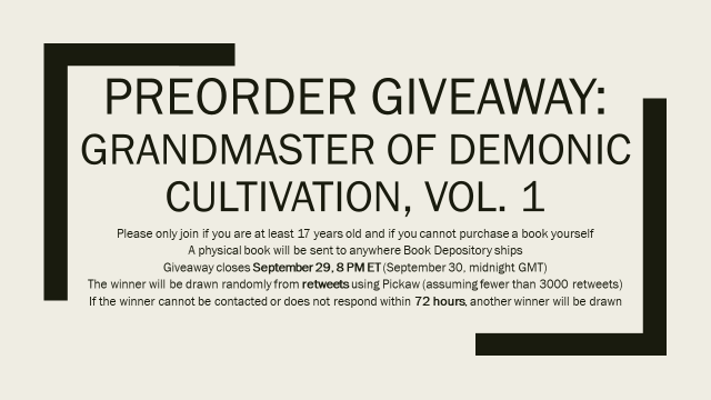 moomoomooncake's tweet photo. Giveaway: Grandmaster of Demonic Cultivation, Vol. 1 

Prize
🎁1 physical copy wherever Book Depository delivers OR
🧧1 PayPal gift for price of book if winner lives elsewhere

Retweet 9/29, 8 PM ET if you
🎁can't afford your own copy
🎁are 17/+
🎁will respond within 72h https://t.co/akUQSroE9v
