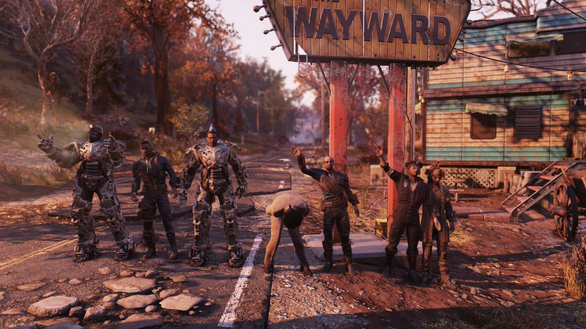 OuttaContentTV's tweet photo. Rad Away my Wayward streamers! Here's the crew hanging out after a chaotic day of whatever they were doing because it was hard to keep track of everyone. #Fallout76 https://t.co/GKiIVOiIyM