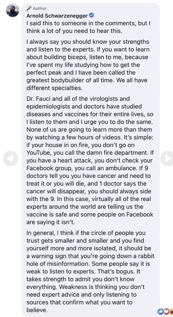 Fair play to @Schwarzenegger … he does articulate this very well. A healthy society is built upon many communities of expertise, where we all should have some basic levels of trust in each other to do the jobs we do.