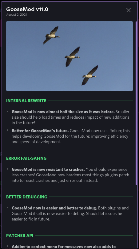Goose_Mod's tweet photo. GooseMod v11.0 is now out! Internal rewrite, error fail-safing, plus a whole bunch of other improvements and tweaks. Have fun! https://t.co/m0bzRljG23