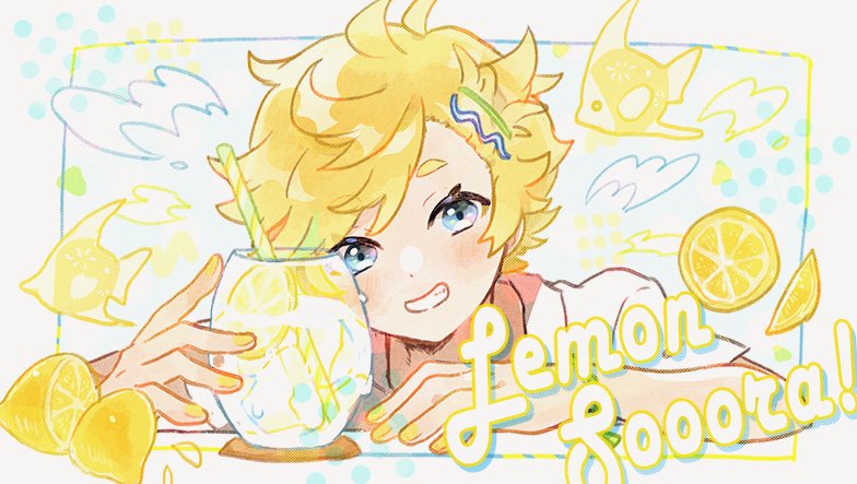 lemon 1boy blonde hair lemon slice male focus smile blue eyes  illustration images