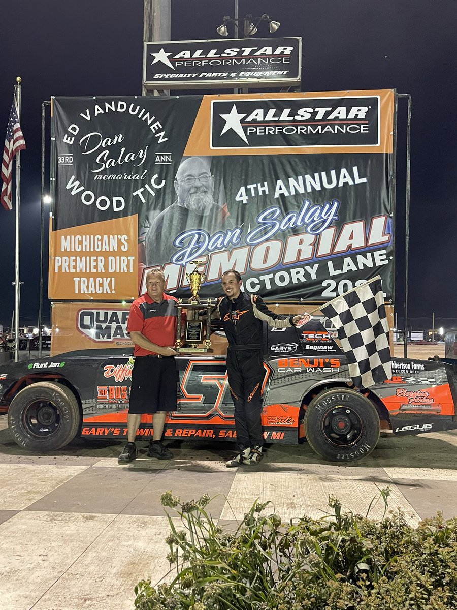 Jake Thompson wins the Thirlby Automotive factory stock feature event at the 33rd annual Ed Vanduinen/Dan Salay memorial Wood Tic!