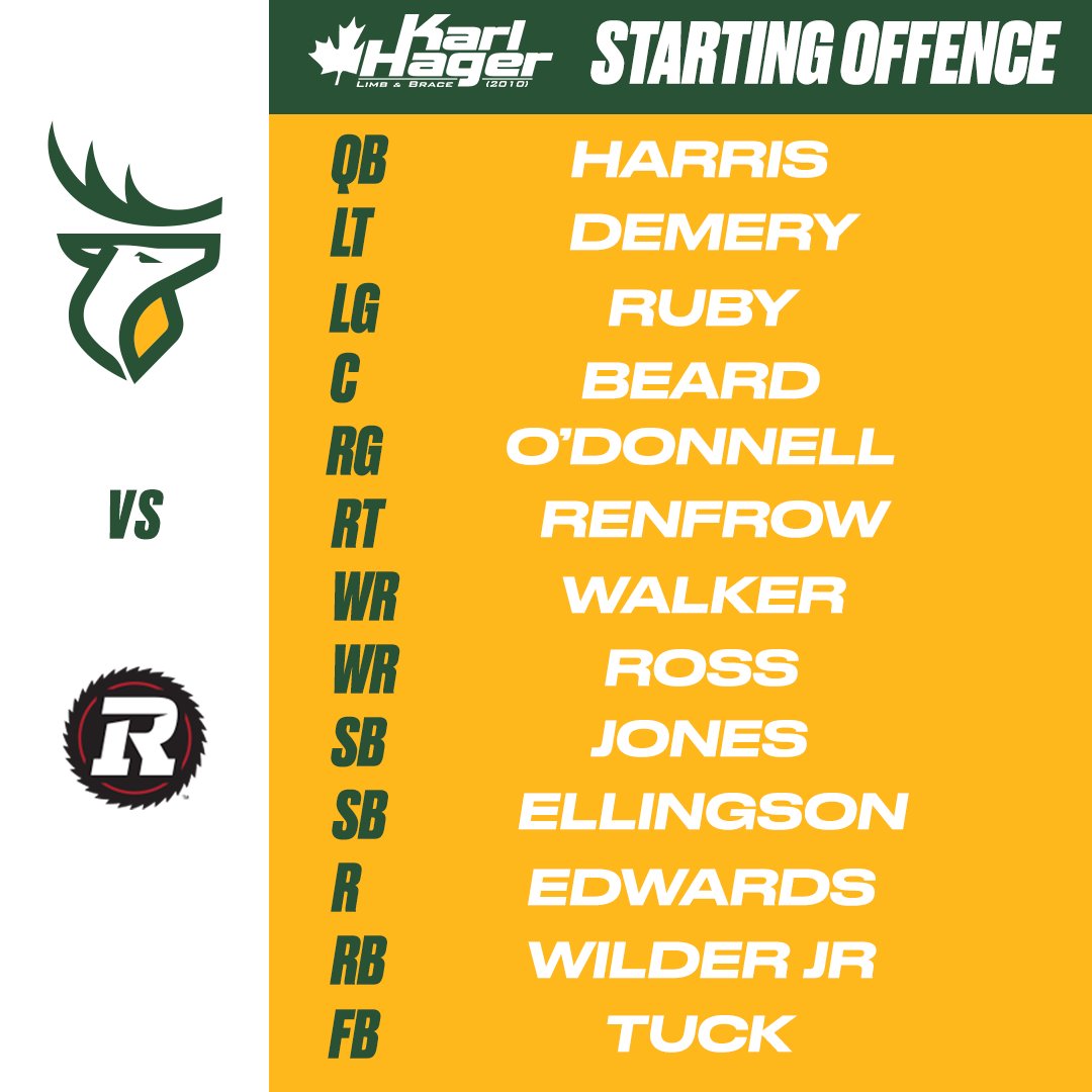 GoElks's tweet photo. Check out tonight's projected starting line-ups against the Ottawa Redblacks.

Karl Hager | #EDMvsOTT https://t.co/XljX932mop