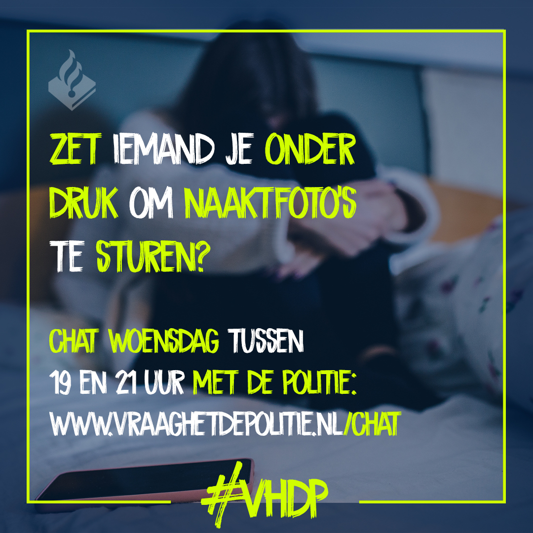 Word jij of een vriend(in) lastiggevallen, geïntimideerd of gechanteerd met bijvoorbeeld met naaktfoto’s? 
Chat hierover met de politie op woensdag 11 augustus van 19.00 tot 21.00 uur via vraaghetdepolitie.nl/chat
 #seksueelmisbruik #sexting #grooming #intimidatie #chantage  #vhdp