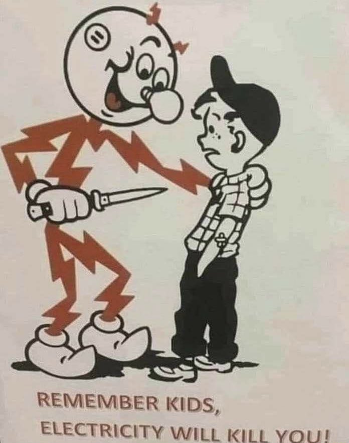 GitRDoneLarry's tweet photo. I remember this and it made me not mess with Mr. Electricity. RT @LloydLegalist: This is the way they warned us kids back in the 70’s. #1970s #Nostalgia https://t.co/LH32RZzfnK