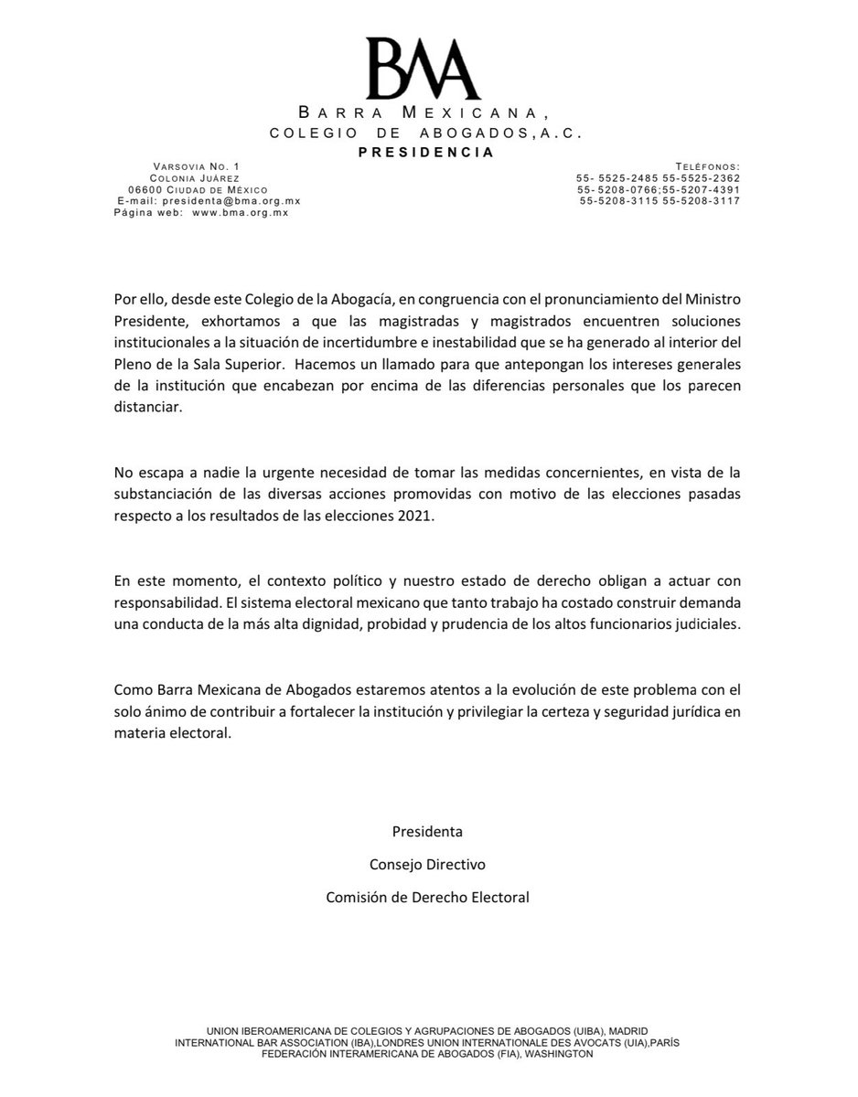 BMA_Abogados's tweet photo. Desde @BMA_Abogados, hacemos un llamado a las y los magistrados del @TEPJF_informa a encontrar soluciones institucionales a la situación de inestabilidad e incertidumbre generada al interior del Pleno de la Sala Superior y a actuar responsablemente.

Compartimos nuestra postura. https://t.co/lbAf9tFJHq