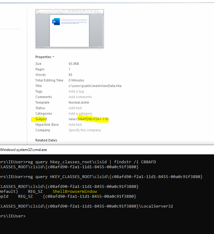 SBousseaden's tweet photo. interesting #maldoc (statistics,05.21.doc) using ShellBrowserWindow to launch HTA -> rundll32.exe

66bcee752c3f91bd1d40ad87aeec6c1d0e575e0c77c9a68bb252bb28e4ab4b9e https://t.co/3mImktjq4H