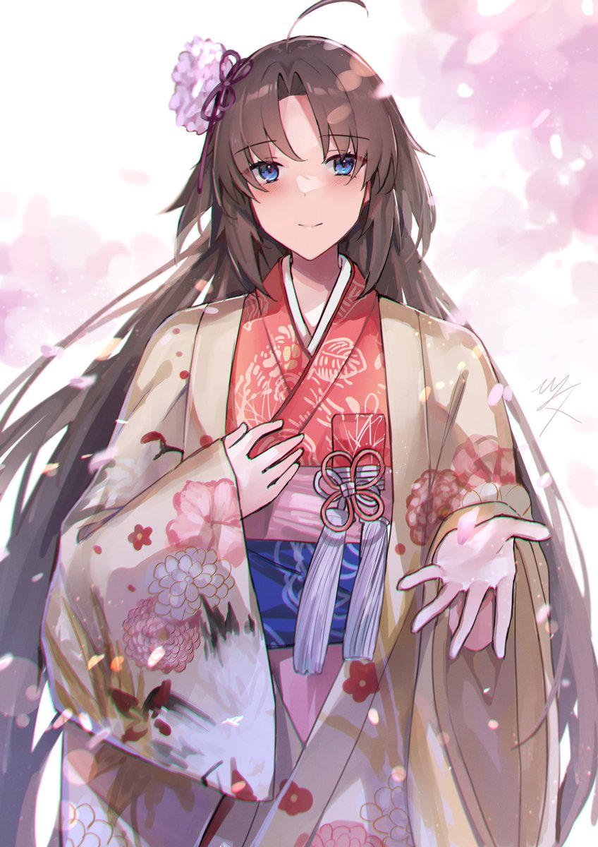 ryougi shiki 1girl japanese clothes kimono long hair blue eyes solo ahoge  illustration images