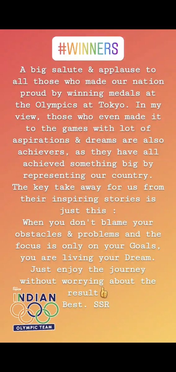 A big salute to all those who made our nation proud at the Olympics @ Tokyo.
When you don't blame your obstacles &amp; problems and the focus is only on your Goals, you are living your Dream. Just enjoy the journey without worrying about the result..
#Olympicsindia #IND #prideofindia