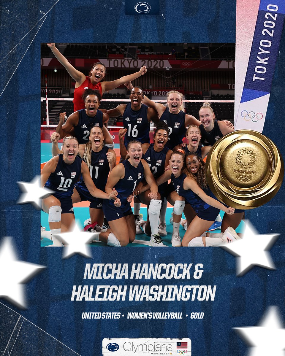 PennStateVBALL's tweet photo. . @MdHancock and @Hales__Yeah are a part of @USAVolleyball history! They helped 🇺🇸 win its FIRST EVER gold medal in women's volleyball.

📸: @GettySport

#OlympiansMadeHere // #MadeInHappyValley // #WeAre https://t.co/VvOAza2T1o