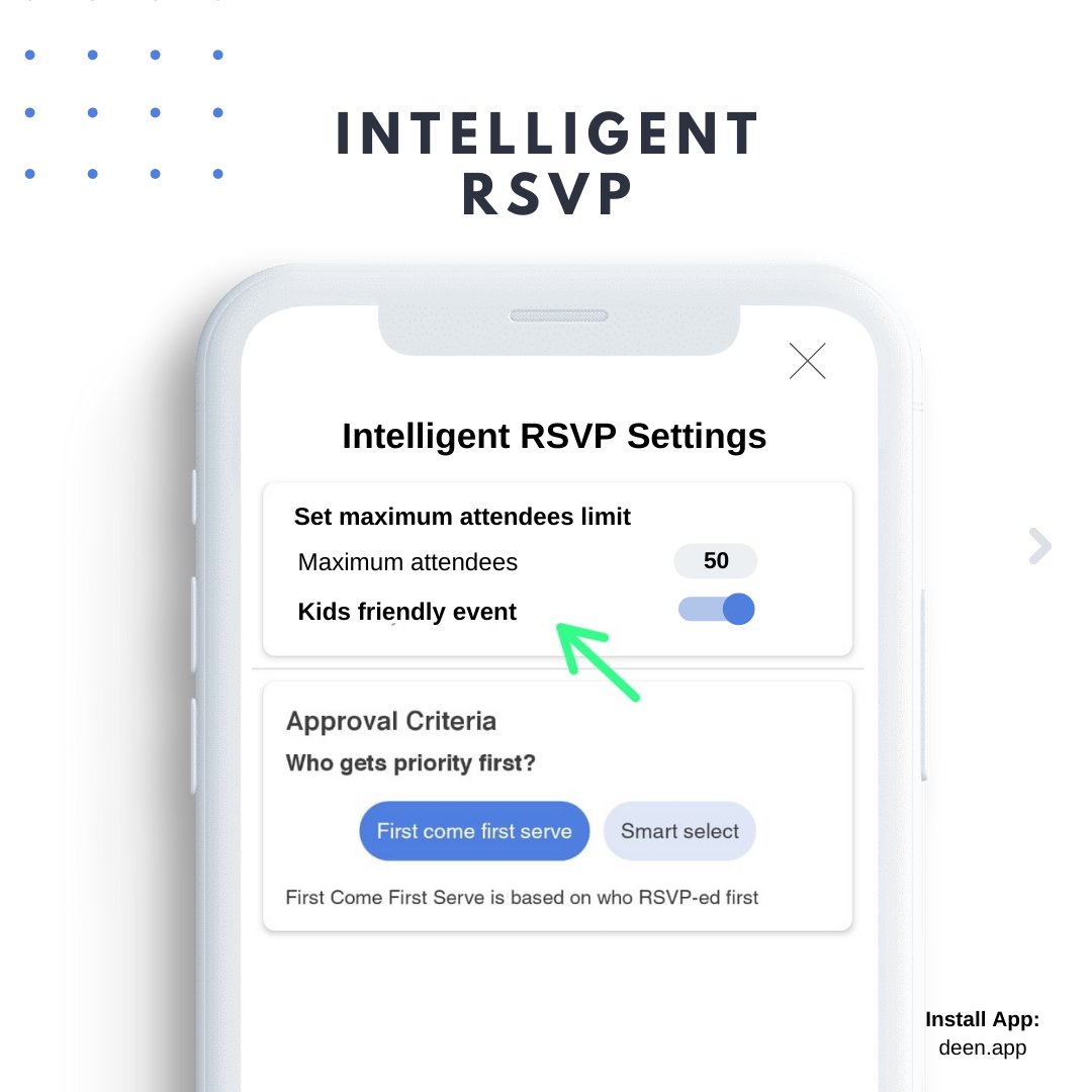 collabdeen's tweet image. Happy to announce, one of the most used 'Intelligent RSVP feature' on @CollabDeen has a new App update with 'Kids friendly Event', ready for use. 

📆 Community Events average/year:
  🎟️ - Events created: 220
  ✅ - RSVPed: 12,900

#collabdeen #mosqueevents #muslimapp #masjidapp