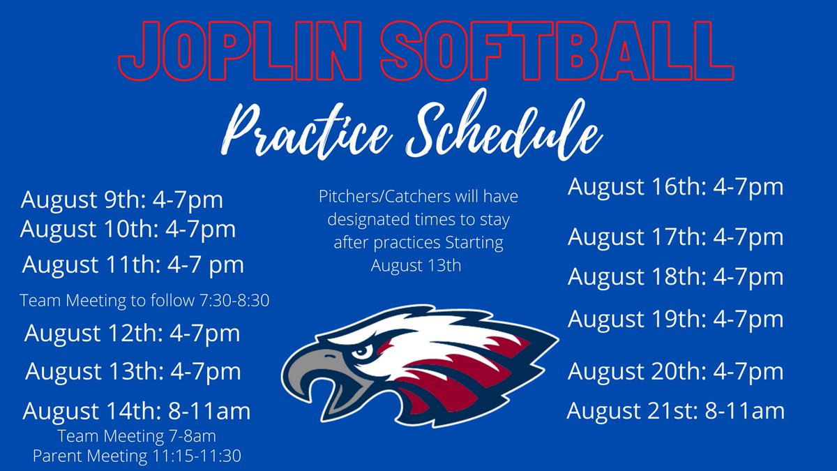 Our first 2 weeks scheduled practice times.  These times could change depending on weather.  
Parent meeting will be after the 8-14 practice.  
Cuts will be made after the 8-11 practice.  
#GOEAGLES