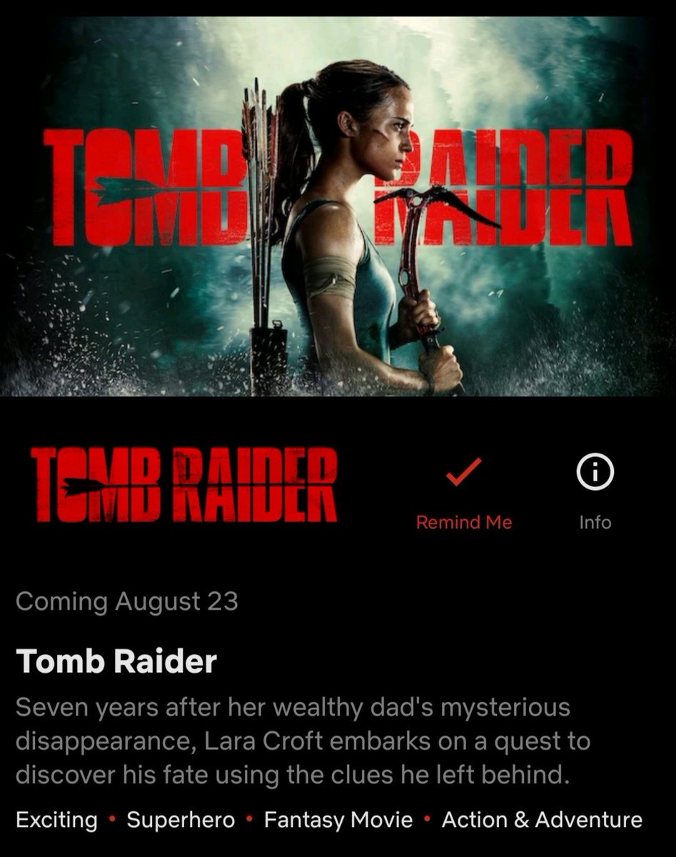 Tomb Raider with Alicia Vikander is coming to Netflix (Germany) on August 23. #TombRaider #TombRaiderMovie