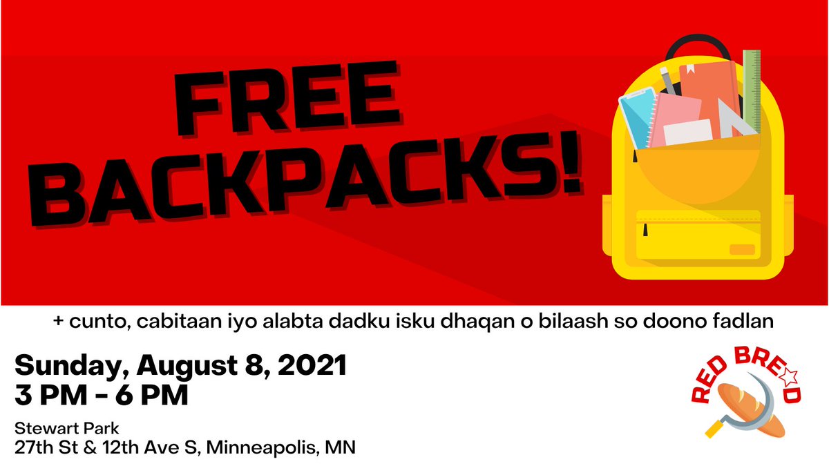 We're still scheduled for a Red Bread distro day tomorrow with a special emphasis on backpacks and school supplies. 

The weather is looking a bit iffy in the afternoon. In the event that we're rained out, the backpack distro will happen on August 22nd. 

Stay tuned! https://t.co/wvfe5crcA5