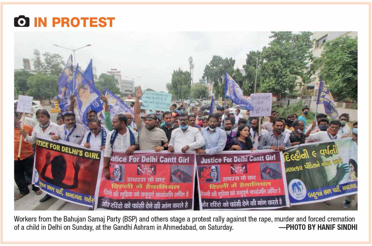 Workers from Bahujan Samaj Party ( BSP ) and other stage a protest relly against the rape, murder and forced cremation of child in Delhi, at  Ahmedabad on Saturday. 
Thanks for sharing @thefirstindia

@AnandAkash_BSP
#DelhiCanttGirl #DelhiCanttCase 
#JusticeForDelhiCanttGirl