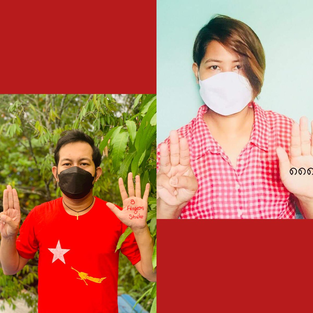 Ppl from around the world stage of #8888MemoriStrike and protest against military dictatorship.”We Never Give Up  and Stop Terrorist” 

8888 UPRISING IN 2021

#8FingersStrike
#Aug8Coup #RedChampaign #WhatsHappeningInMyanmar #MilkTeaAlliance