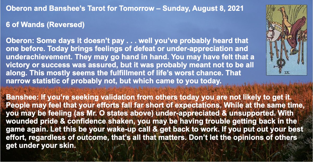 tftTarot4today's tweet photo. Hey everyone! You may find today that you can’t please everyone so stop trying to. Just focus on the work &amp; take pride in what you do. Here’s the Tarot For Tomorrow, Sunday, August 8, 2021. #tarot #dailytarot #tarotcards #tarotreader #TarotReading #divination https://t.co/yhSG3h4GOn