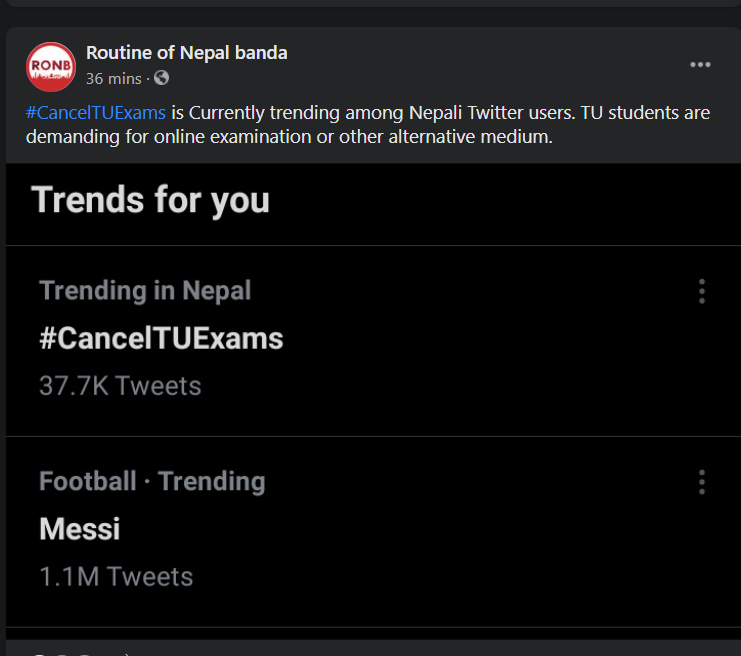 Bishal_CEO's tweet photo. @RONBupdates recently posted on facebook #CancelTUExams #CancelNEBExams https://t.co/qpmqW22UL1