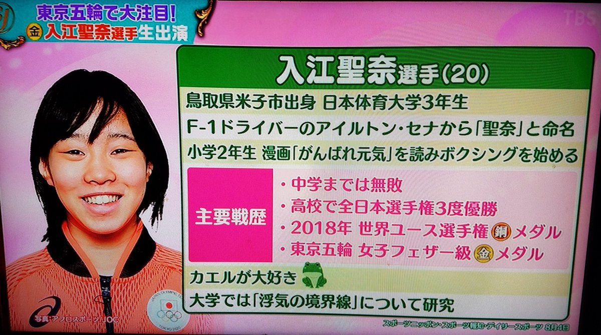 ট ইট র Hpd48 ボクシング金メダリストの入江聖奈選手 鳥取県米子市出身で 日本体育大学に通う カエルが大好きな歳 F 1ドライバーのアイルトン セナから 聖奈 と命名される 大学では 浮気の境界線 について研究中 追加情報で 好きな芸能人は