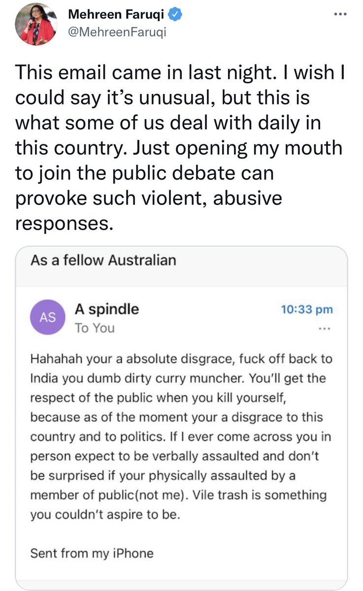 MrKRudd's tweet photo. Of course an audience that's fed toxic, far-right extremist politics is more likely to send threatening, racist emails… Many people who are attacked by Murdoch then receive threatening messages. It’s dangerous. #MurdochRoyalCommission https://t.co/OhpDMLTvWe