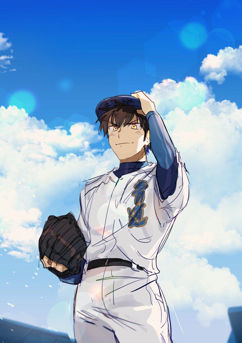 1boy male focus baseball uniform sportswear sky cloud solo  illustration images