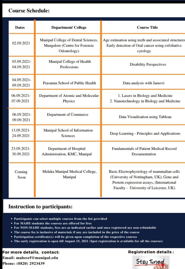 mahesrf's tweet photo. MAHE SRF Online Training Program starts from August 16. Registrations will open soon. Stay tuned to our page for more details and updates.@DoRMAHE_Manipal @MAHE_Manipal @McopsM @MSLS_MAHE @MIT_MANIPAL @WManipal @do_mahe @MangaloreMcods https://t.co/lIbsLJqxvl