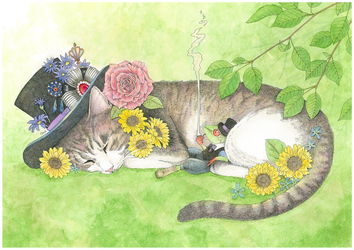 「#世界猫の日
#WorldCatDay

猫さん。
優しい気持ちと日々の幸せを、」|ま。(machiko.)@妖精妖怪展・posfes.vol.2のイラスト
