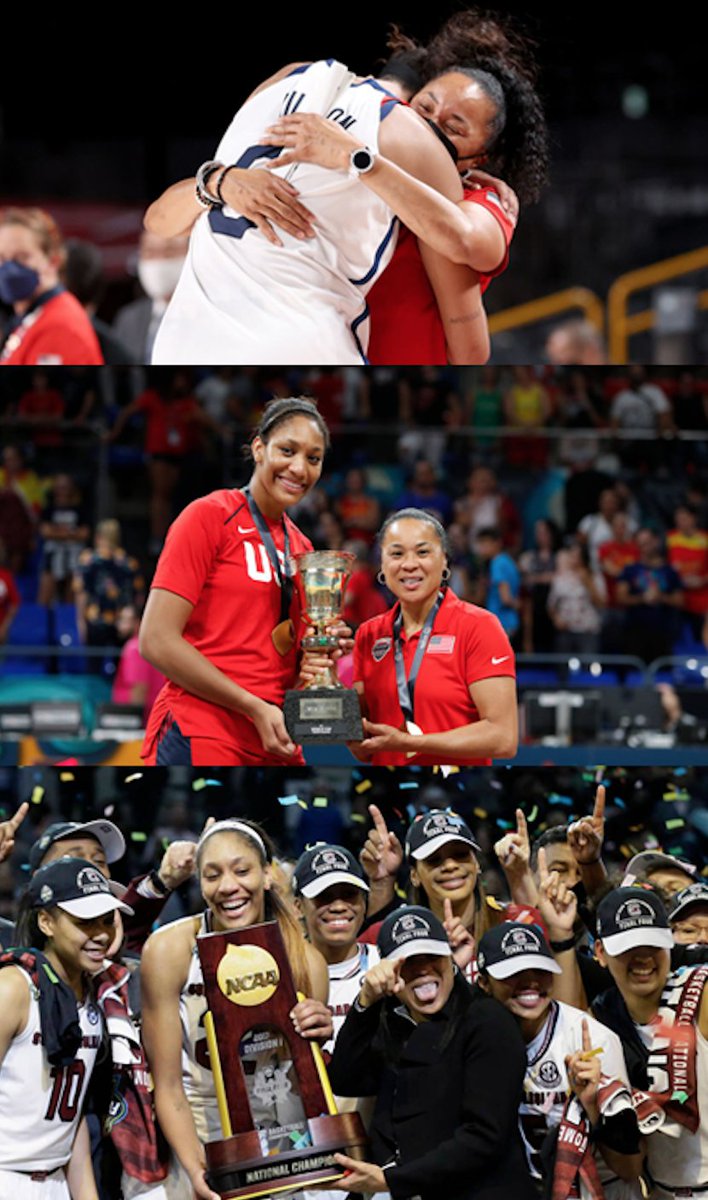 andscape's tweet photo. As a head coach and player tandem, Dawn Staley and A'ja Wilson have now won:

- 2017 NCAA Championship 🏆
- 2018 FIBA World Cup 🏆
- 2020 Olympic gold medal 🏅

@dawnstaley | @_ajawilson22 https://t.co/LijJTwent8