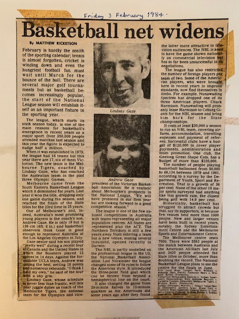 After the Boomers' fabulous, long overdue bronze medal in Tokyo last night, I dug out a story done so long ago that it's from my scrapbook and Andrew Gaze didn't have grey hair, though his father Lindsay did, aged 48. (I covered basketball for The Age between 1983 and 1985.)