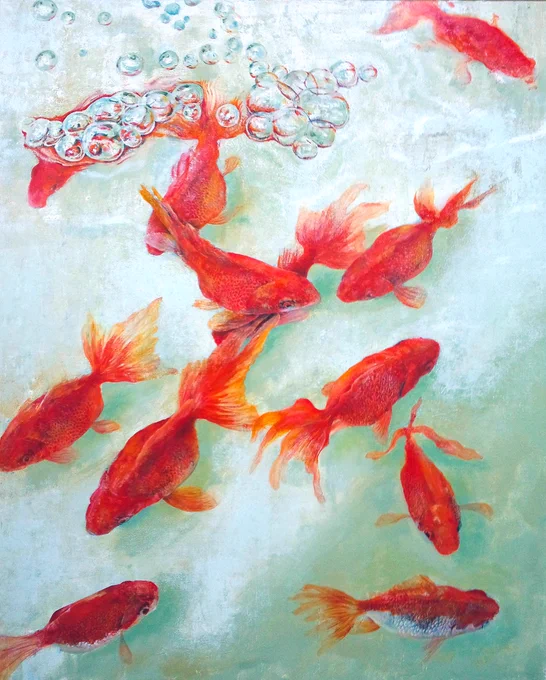 『 あ ぶ く 』
油彩、F50号キャンバス

#絵描きさんと繋がりたい 
#油絵 #アナログ絵 #涼しげな
#金魚 #あぶく 
