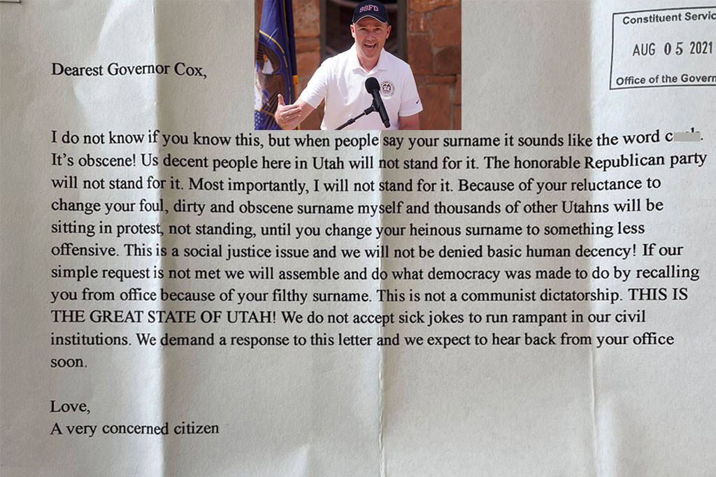 Utah Gov. Spencer Cox gets anonymous letter asking him to change his 'foul, dirty' last name