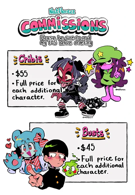 COMMISSIONS ARE OPEN!!

I had wanted to publish it earlier but anyway, here it is!
TYSM to everyone who supported me with my past commissions.💕💖
Will take 7-8 slots max.

•ORDER FORM AND T.O.S•
https://t.co/F4KvSxhayi 