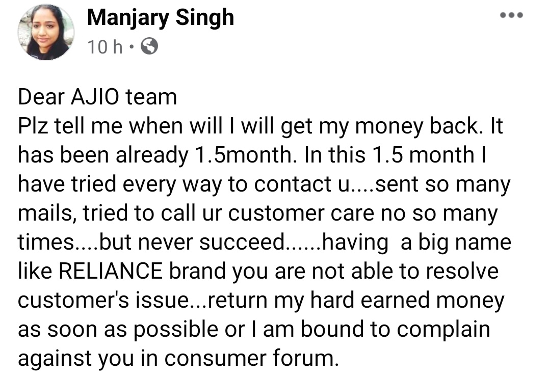 pratibhabhadaur's tweet photo. Hi @AJIOLife 
My sister has been trying to get her refund for the past 45 days &amp; still no response frm ur team. Why such #shittyservice .Your team has picked up the products long ago &amp; closed the refund ticket without giving refunds. No response to several mails, customer support https://t.co/xGuk8w0XYx