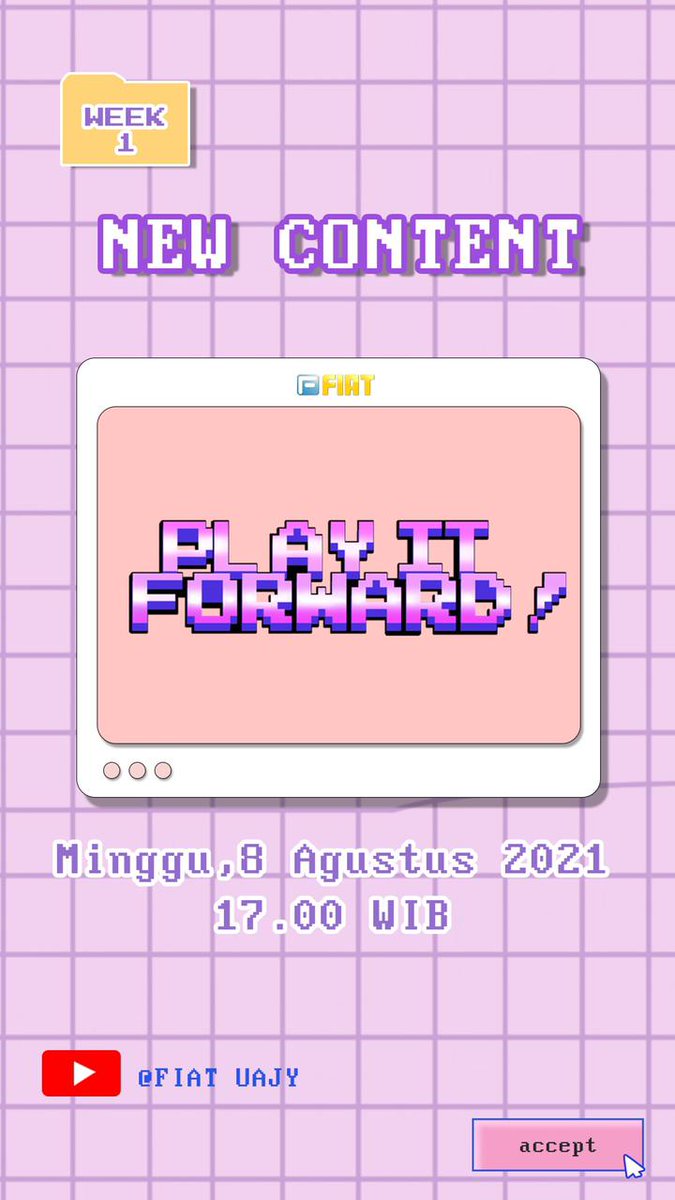 Hi Buddies! ❤
Saksikan #PLAYITFORWARD jam 5 sore, hari ini, hanya di Youtube FIAT! 
Stay tune! ✨