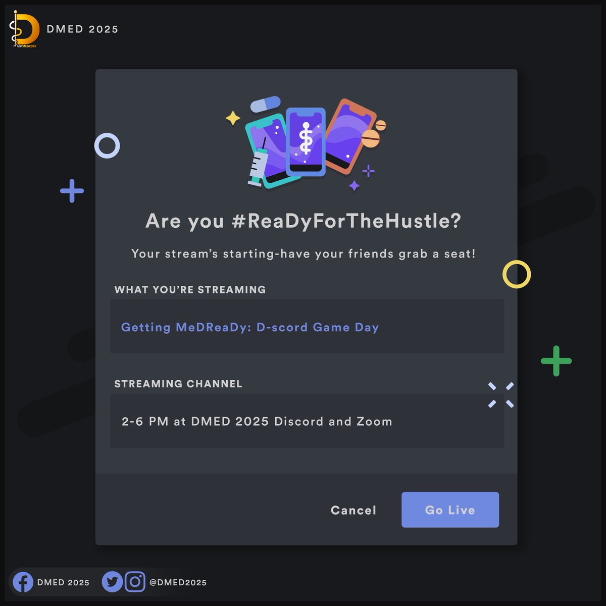 DMED2025's tweet photo. What's up, D-MED 2025?

Not feeling so #ReaDyForTheHustle this August 12, 2021? Go live with us this August 9, 2021 as we kickstart the year with MEDReaDy: D-scord Game Day, an afternoon filled with fun, games, and prizes!

Hope to see you there, future MDs! 🩺

#MEDReaDy https://t.co/xIKWXa9Izj