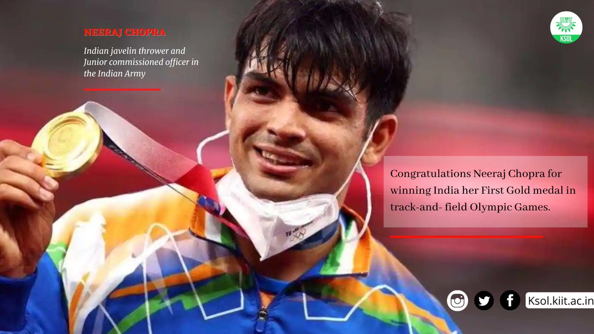 KIITSOL's tweet photo. Congratulations! #NeerajChopra for creating history by bringing home the first ever medal in track-and-field Olympic Games which India yearned for 100 years. Your Gold medal has ushered our country into a Golden era of sports.#NeerajTrainedAtKIIT #KIITKISSSports #KIIT #KSOL https://t.co/CP1pwgHPaR