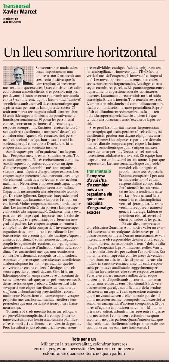 XavierMarcet's tweet photo. Elegia de la transversalitat, avui a @LaVanguardia 
Militar en la transversalitat, enderrocar barreres entre silos, és una necessitat, i aquestes barreres les enderroquem quan escoltem, més quan parlem, quan escoltem..https://t.co/bo28jkhFVE https://t.co/mZuqD9YLcC