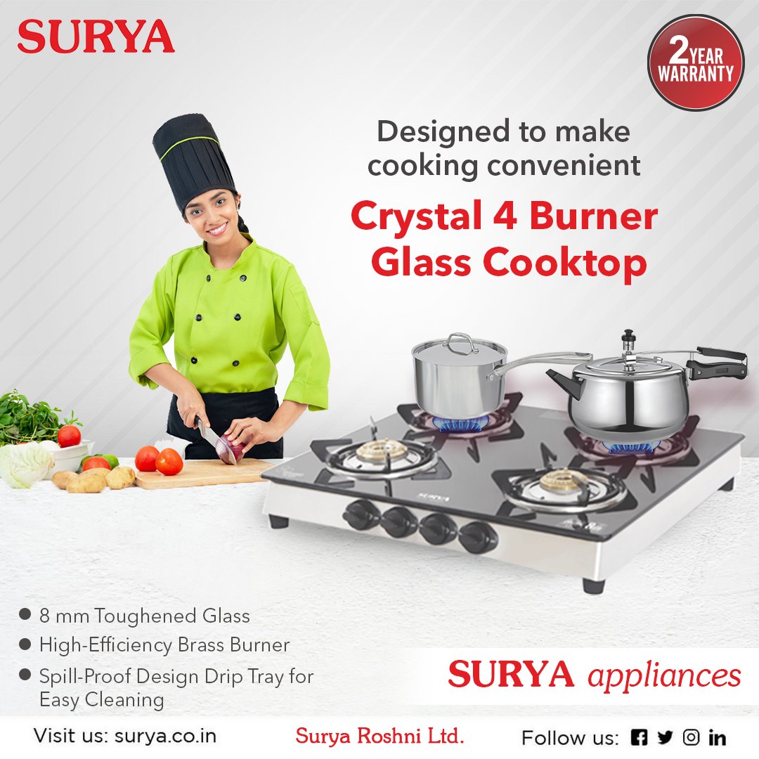 surya_roshni's tweet photo. Surya Crystal 4 Burner Glass Cooktop comes with 4 mm extra strong pan support &amp; 360° revolving nozzle

Visit us at- https://t.co/YKFRQBH0oO

#Surya #SuryaAppliances #Cooktop #GlassCooktop #BestCooktop #KitchenAppliances #CrystalGlassCooktop #CookingAppliances #India https://t.co/bbbymdmjN2