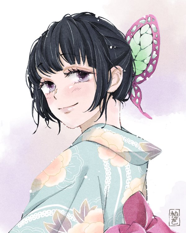 1girl japanese clothes solo butterfly hair ornament black hair kimono hair ornament  illustration images