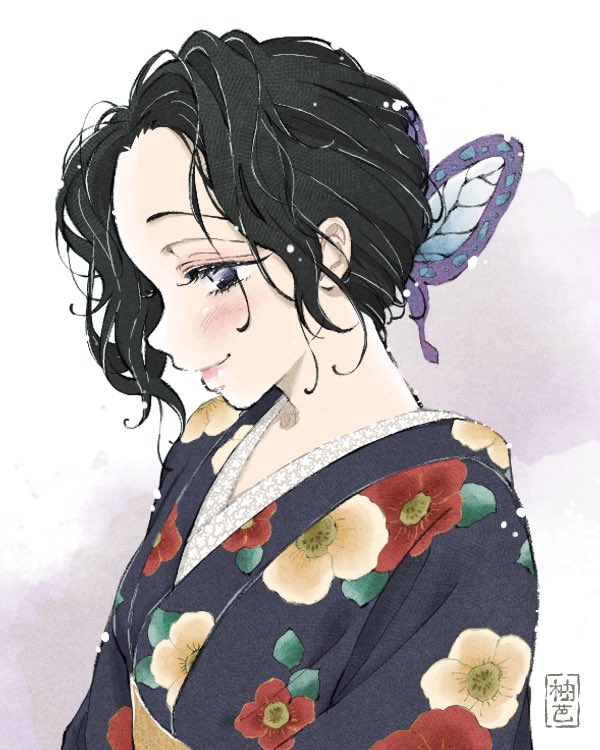 1girl japanese clothes solo butterfly hair ornament black hair kimono hair ornament  illustration images