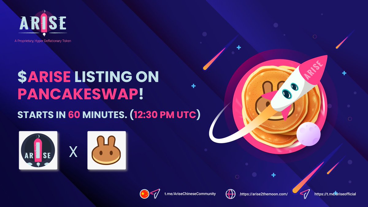Most Anticipated $ARISE Pancakeswap🥞listing in less than 40 Mins
@arise2themoon

Trading Starts at 12 PM UTC

Initial MC Of Just 550K!

PreSale Participants can claim their tokens at 12 PM UTC via same DxSale Page

dxsale.app/app/v2_9/defip…

Last Few Presale Tokens still Left!