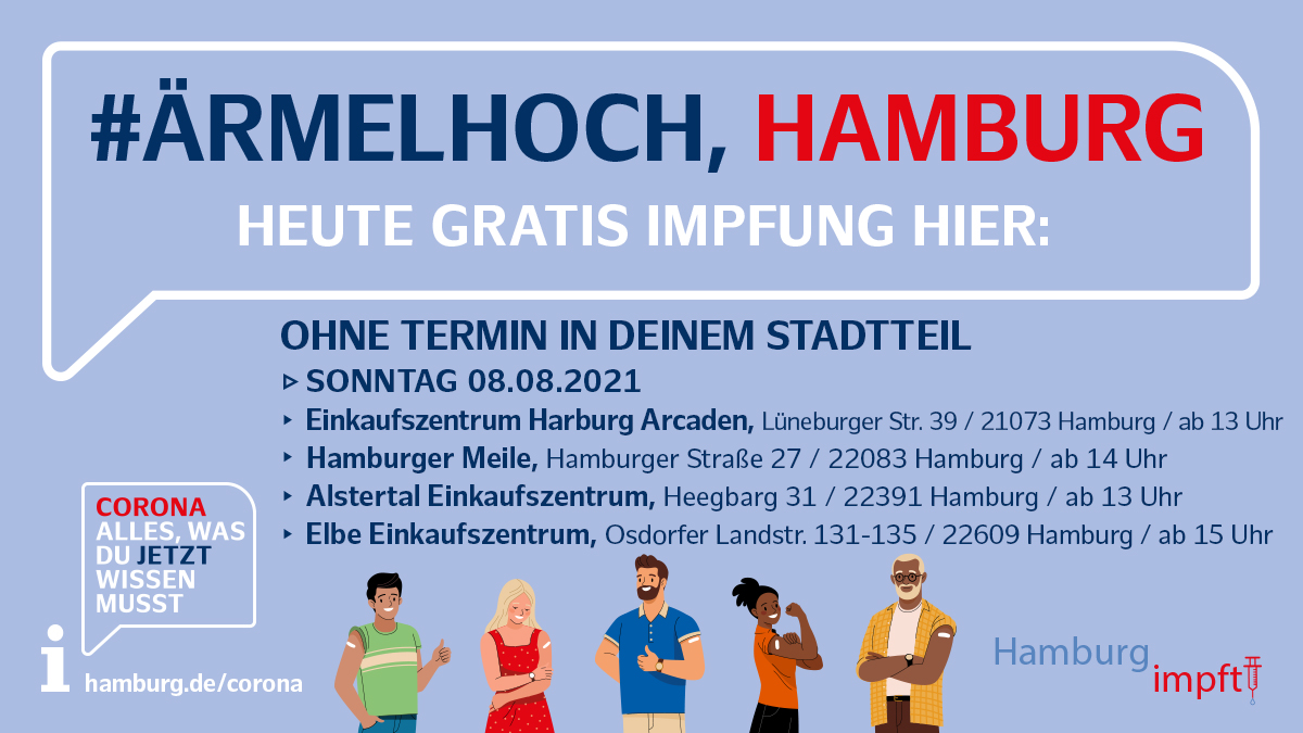 #ÄrmelHoch, Hamburg! Heute gibt’s kostenlos und ohne vorherige Terminbuchung eine Schutzimpfung gegen Corona in Harburg, Barmbek-Süd, Poppenbüttel &amp; Osdorf. Alle Infos: hamburg.de/corona-impfsta… #CoronaHH #HHimpft