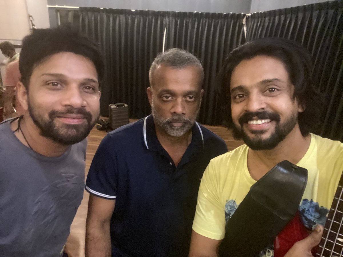 #GuitarKambiMeleNindru shoot moments! Had a wonderful time shooting with some big names - one and only @Suriya_offl @menongautham and @pcsreeram ! ❤️ A big shout out to my bud @singer_karthik to have roped me and my friends in for this memorable experience !! 🙌🏻